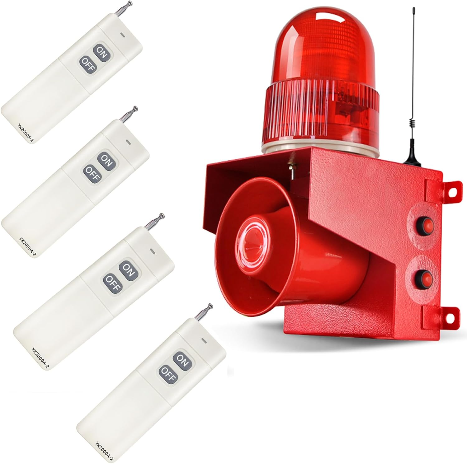 Industrial Wireless Remote Control Siren Alarm AC110V Outdoor 120dB Loud Horn Emergency Safety Alarm with 4 Remote Controller, Adjust Volume and Tone, 1.2mile Remote Distance, Strobe Light