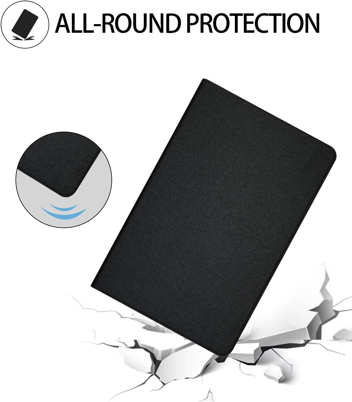 Graphic illustrating all-round protection provided by the WUNIAK tablet case, with a tablet case on a cracked surface
