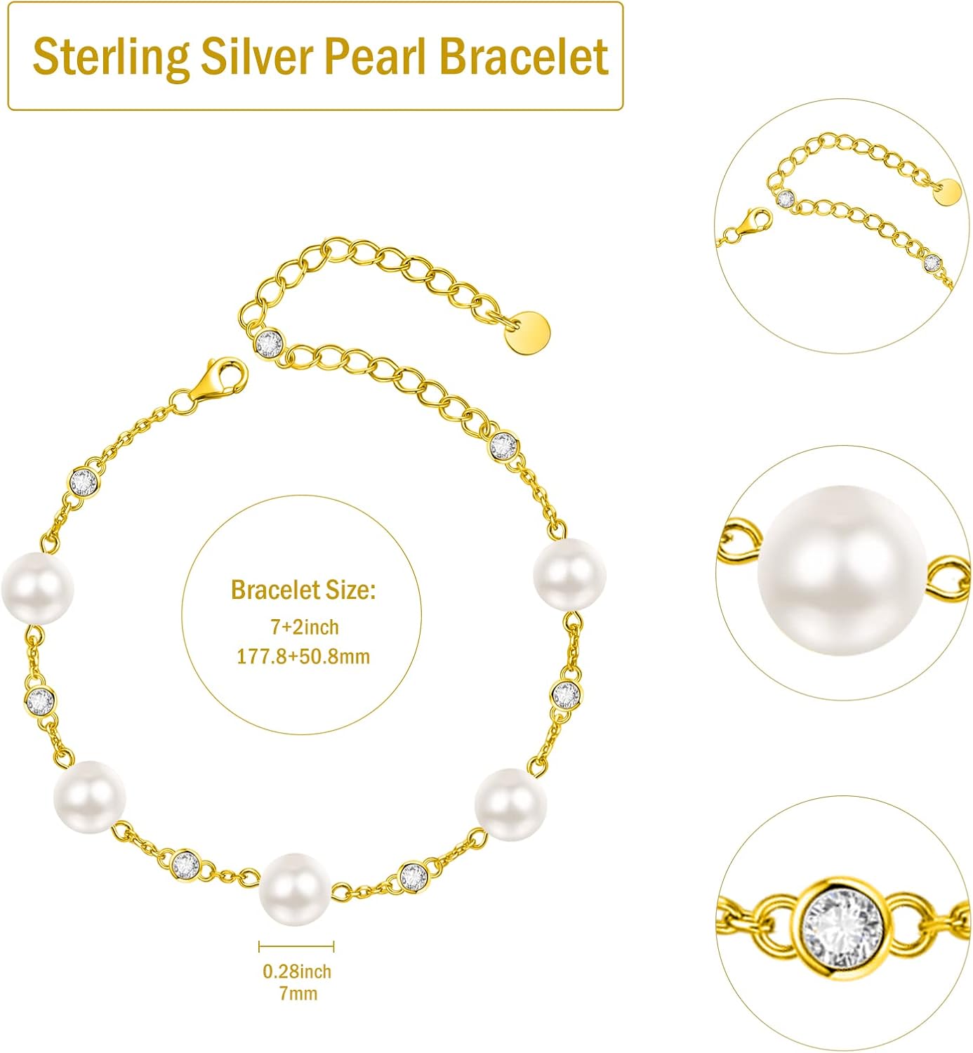 AENEAS Pearl Bracelets for Women S925 Sterling Silver White Cultured Pearl Chain Bracelet Dainty Jewelry Gifts for Women