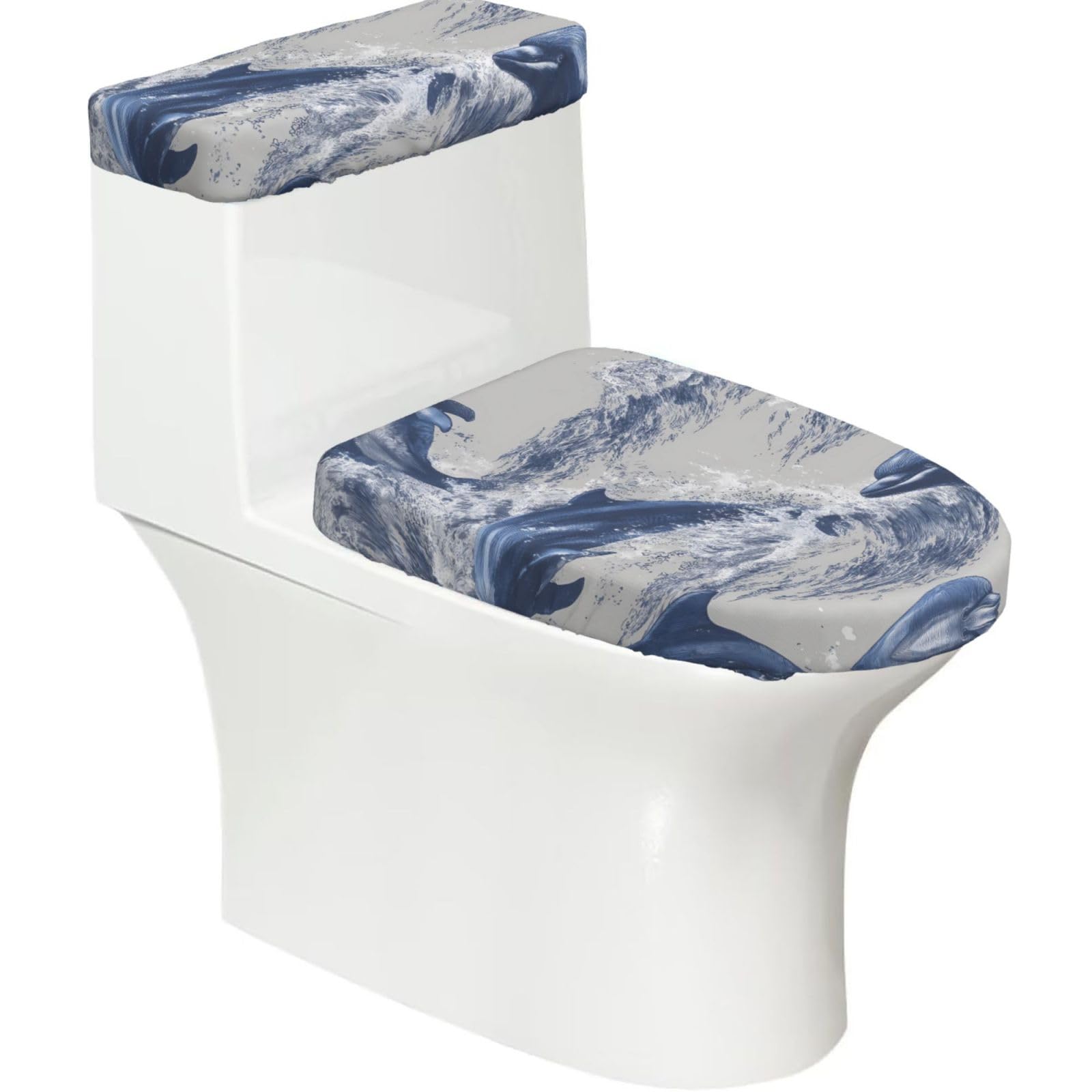 Wzycwb Black Blue Ocean 2-Piece Toilet Seat Cover Set With Tank Lid, Elastic Fit For U-Shape & Elongated Toilets, Bathroom Decor, Housewarming Gift