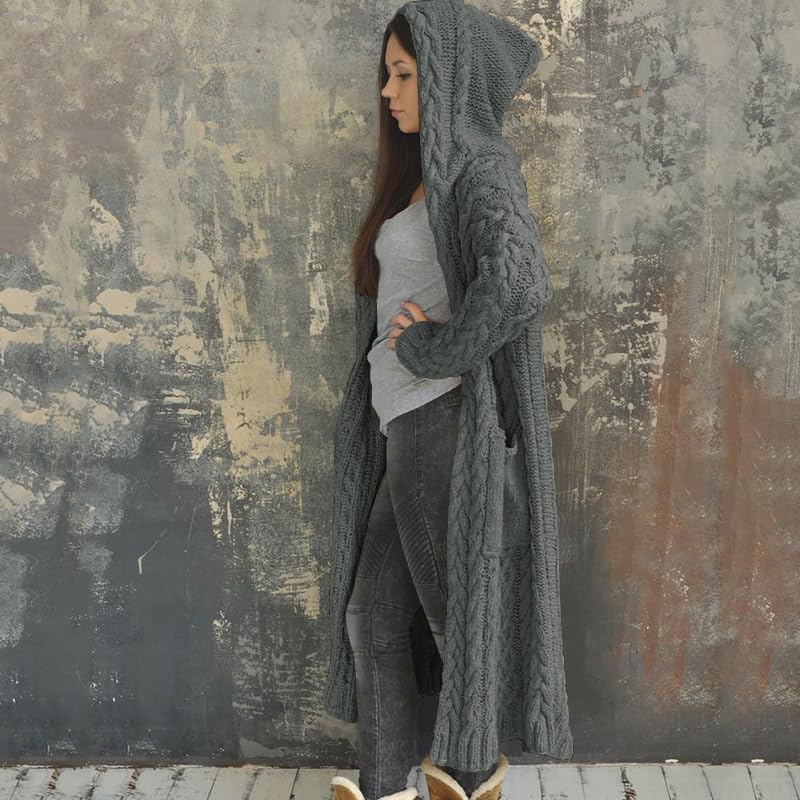 NIUBIA Womens Casual Long Sleeve Open Cardigan Warm Hooded Outwear Coat Cable Knit Long Cardigan Sweaters with Pockets2