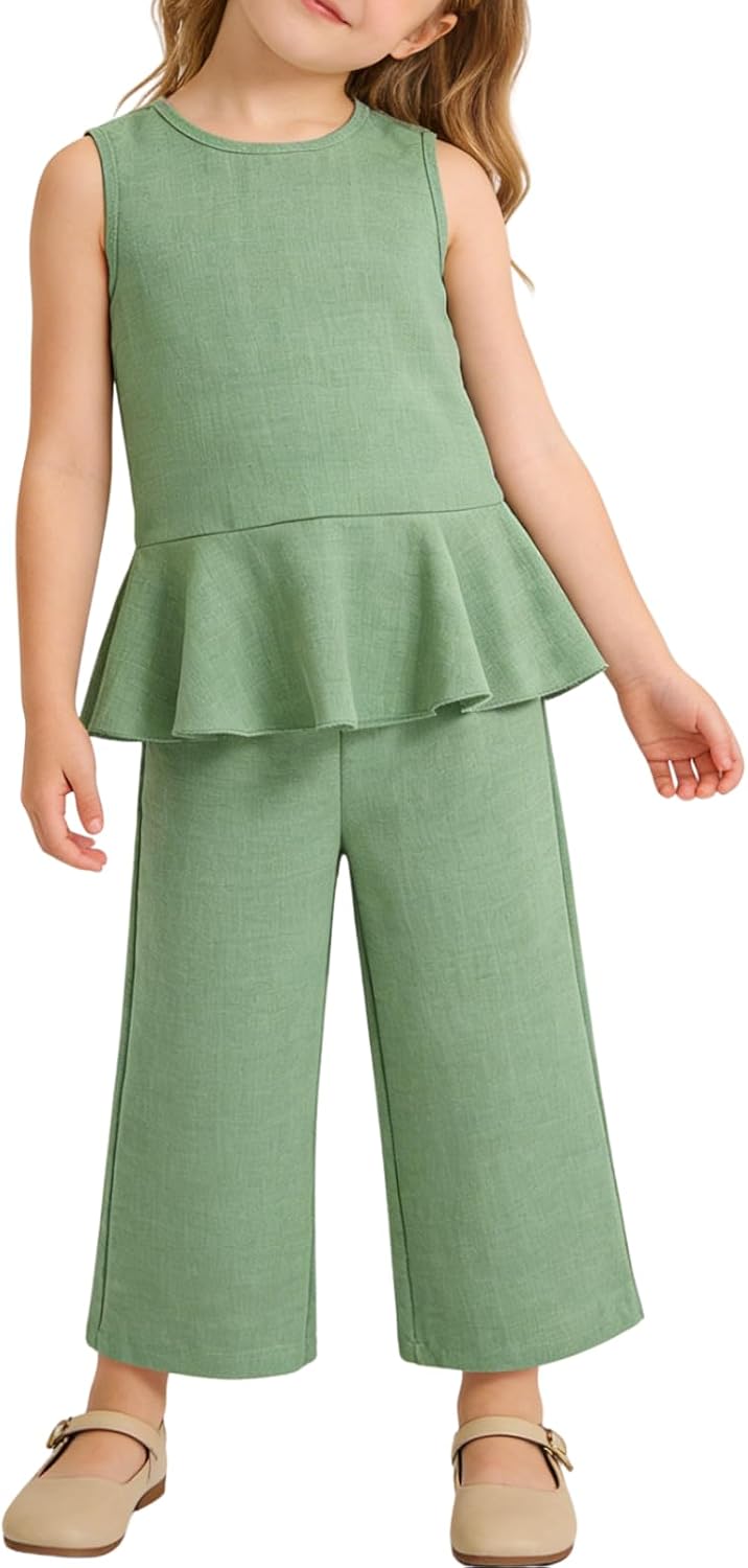 Size 4-8 Girls Clothes Sleeveless Ruffle Tops Wide Leg Pants Kids Clothing Set 2 Pieces Summer Outfits