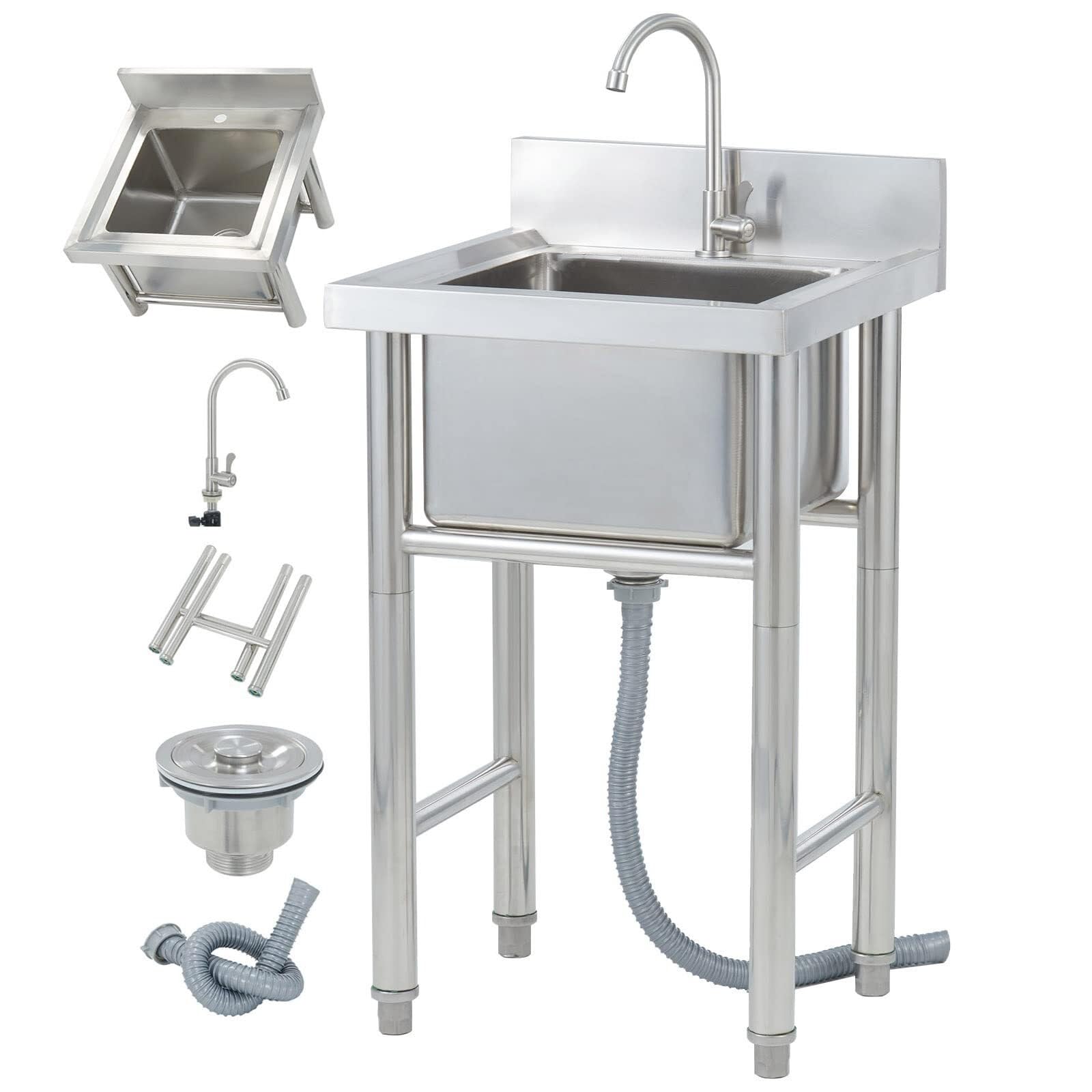 TAXXII Kitchen Sink, Stainless Steel Indoor, Outdoor, Freestanding Mobile Sink with Tap and Drain Device, Washing Trough, Utility (50 x 50 80 cm)