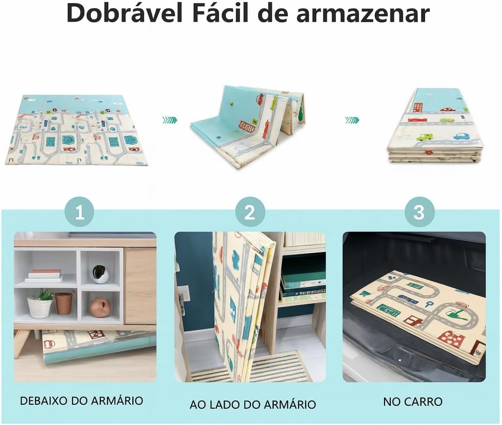 Tapete Tatame Infantil Dobrável 2x1,5m Emborrachado Dupla Face 6mm Antiderrapante Bebê Atividades Educativas Macio Impermeável Colorido Tapetinho Criança Reversível Leve com Bolsa (Pista)