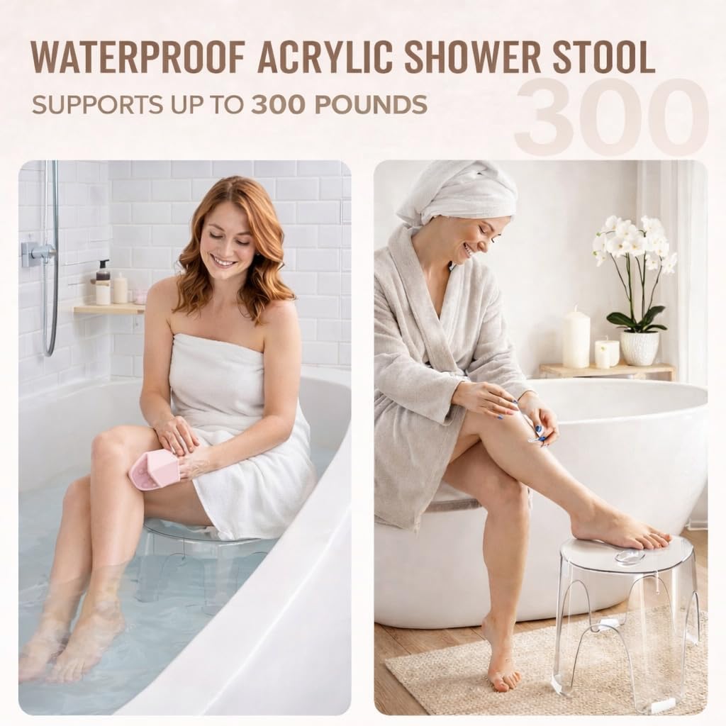Acrylic Small Shower Stool for Inside Shower - Waterproof Bathroom Stool Clear Shower Stool for Shaving Legs, Corner Round Stool with Anti-Slip for Small Spaces, 300 lb, Tool-Free Assembly