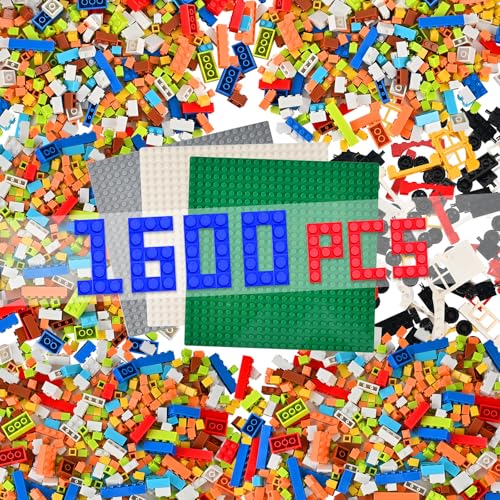 1600 PCS Building Bricks Set, Classic Bulk Building Blocks Compatible with All Major Brands, Includes 3 Baseplates, 53 Wheels Doors Windows Accessories, Creative STEM Construction Toy Gift for Kids