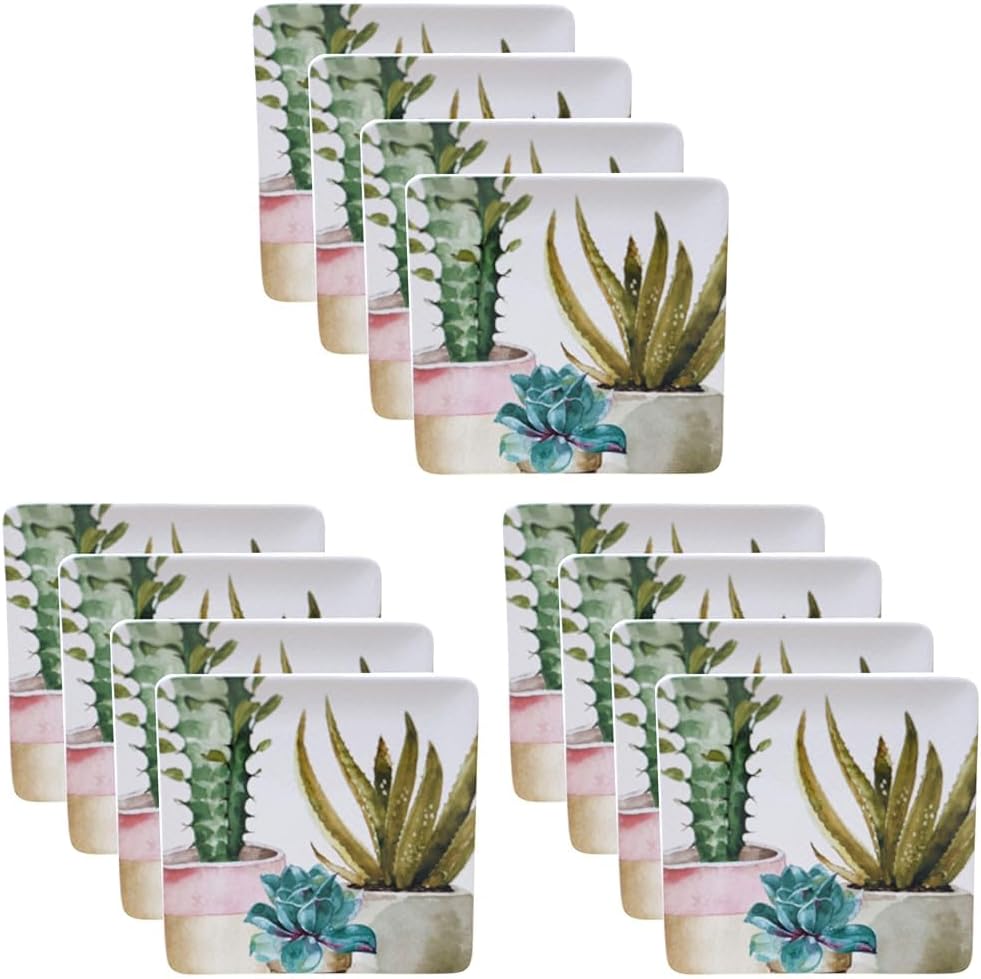 Cactus Verde 10.5" Square Dinner Plates, Set of 4 – Ceramic Southwestern Dinnerware with Watercolor Succulents – Durable Microwave Safe Plates for Everyday Meals and Entertaining