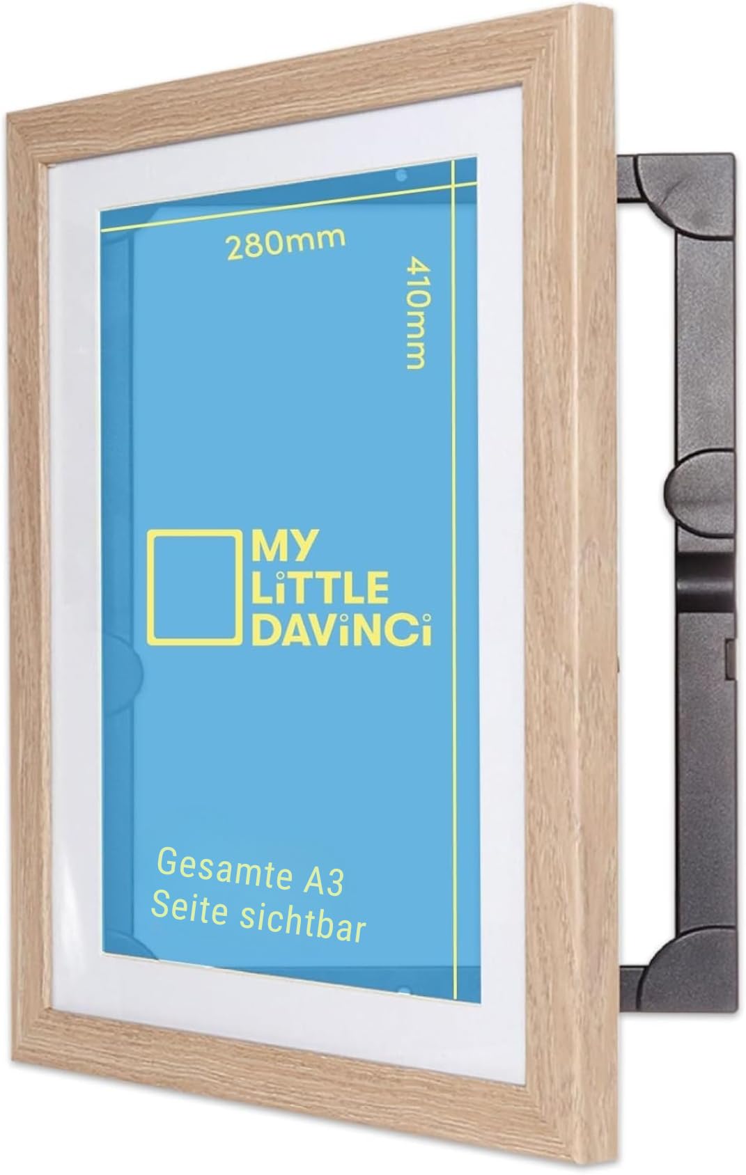 Dynamic Frames My Little DaVinci Bilderrahmen A3 Naturholz, Rahmen mit Frontöffnung und Aufbewahrung bis 50 Blatt, Wandhalter für Kinderzeichnungen und Fotos Zuhause