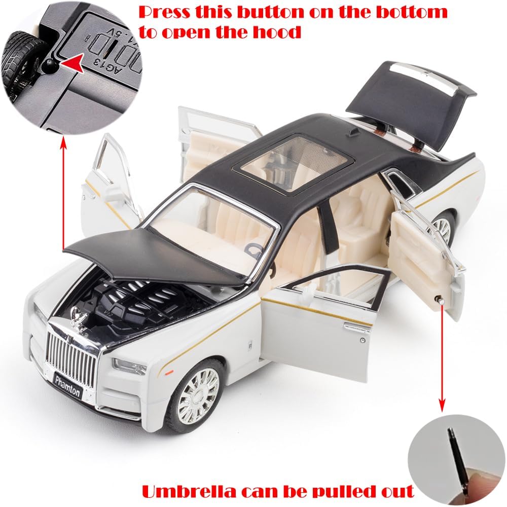 Toy Cars Phantom Model White Alloy Collectibles Diecast Vehicles with Sound and Light