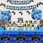 CEYAZYE 41PCS Video Game Birthday Decorations Set, Gaming Party Supplies with Foil Gamer Balloons, Banner, Tablecloth & Cake Toppers for Boys, Blue Gamer Theme Party Decor - Image 4