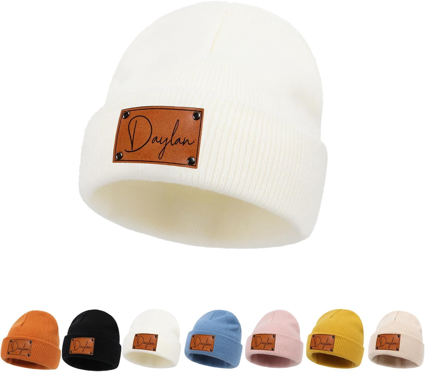 KAINSY Personalized Baby Beanie with Leather Patch, Custom Name Beanie Hat for Toddler Boys Girls, Winter Warm Knit Hat