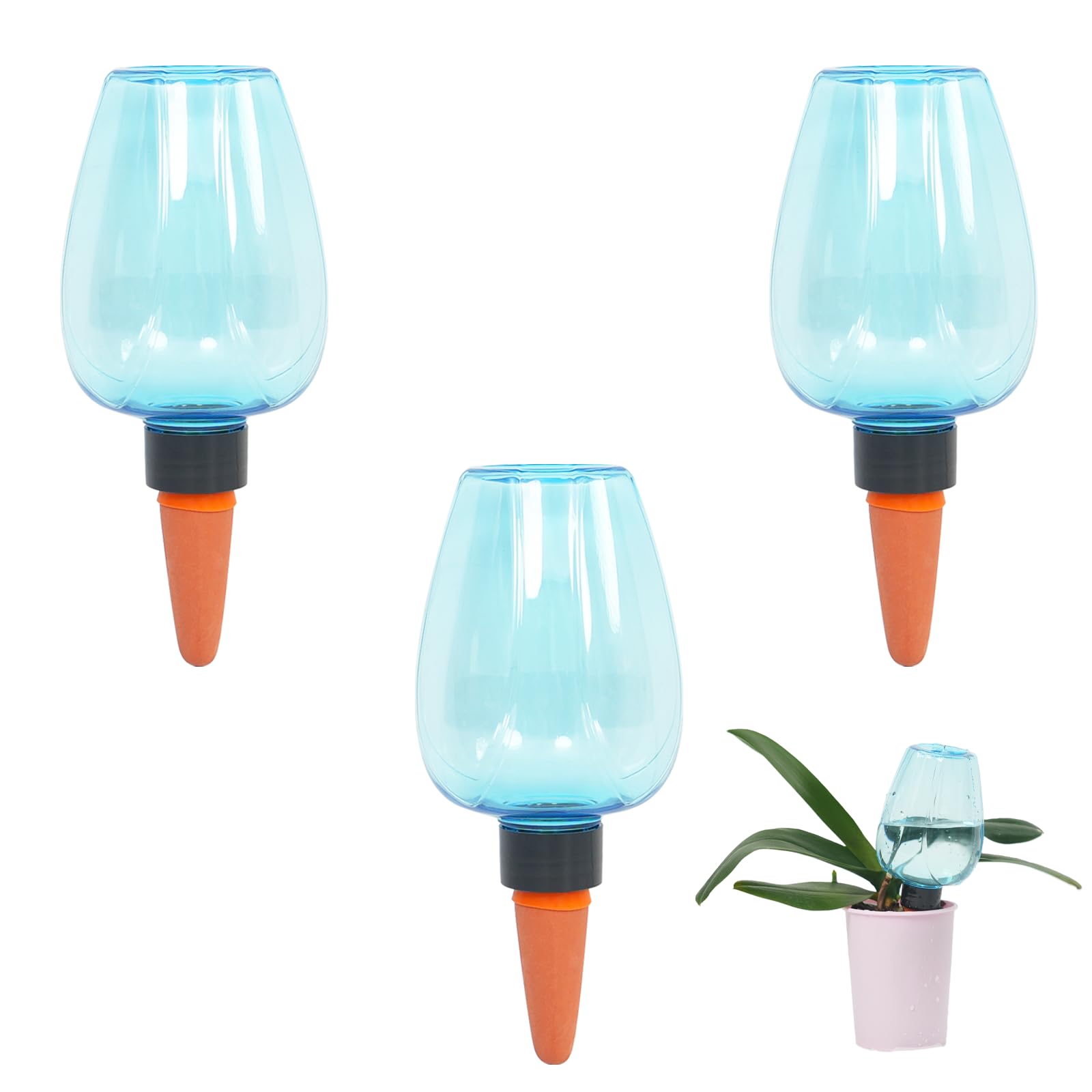 Lot de 3 globes d'arrosage automatique pour plantes, ampoules d'eau en plastique, système d'arrosage des plantes, terre cuite à libération lente, piquets pour intérieur (bleu)