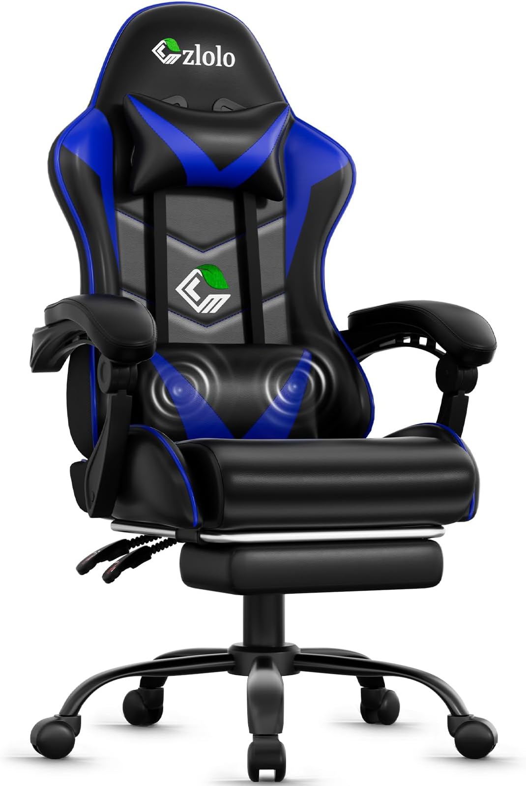 Czlolo Gaming Chair with Footrest Racing Style Lumbar Support Massager Video Game Chair with Metal Legs, High Back Reclining Gamer Chair with Headrest, 360° Swivel Office Computer Desk Chair (Blue)