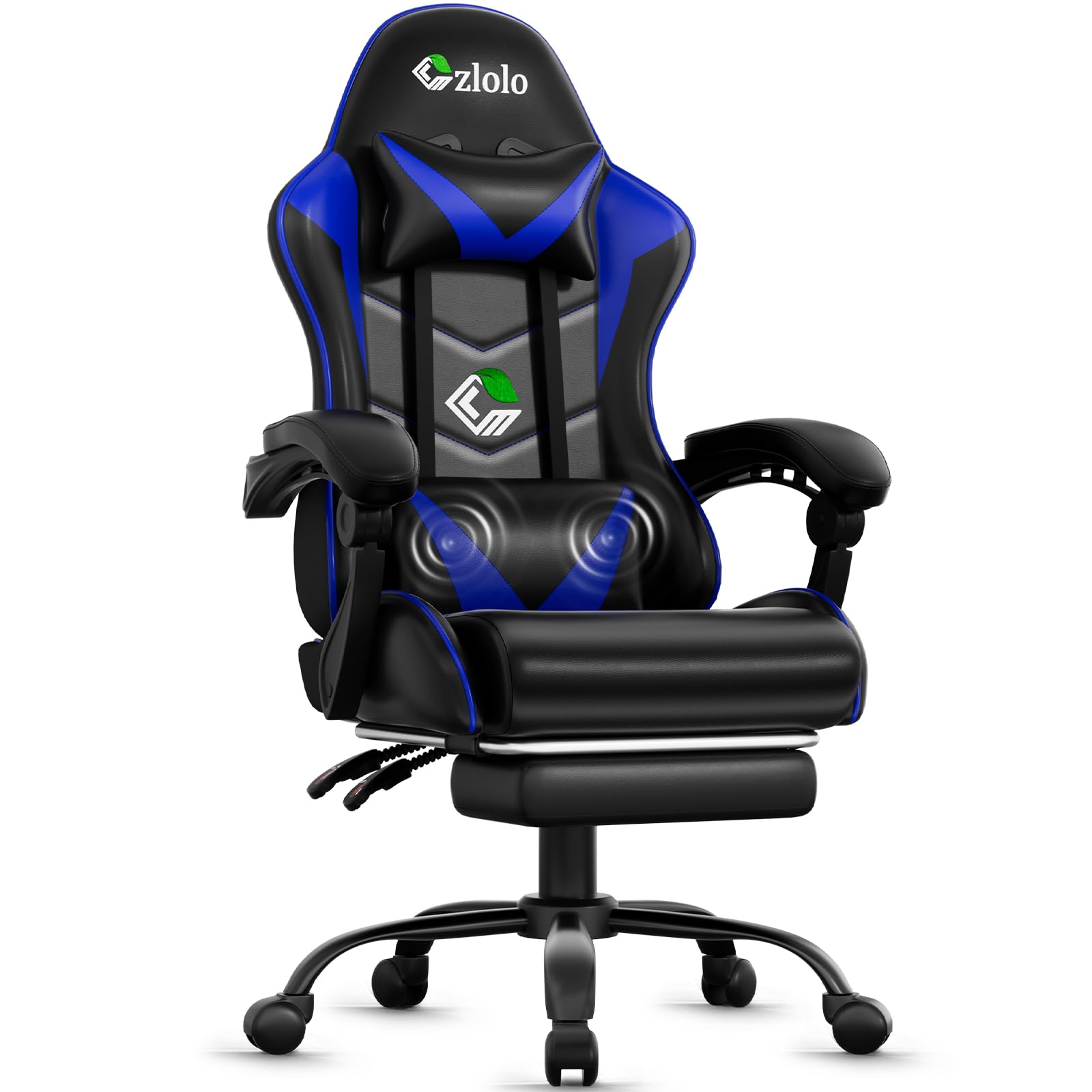 Gaming Chair with Footrest Racing Style Lumbar Support Massager Video Game Chair with Metal Legs, High Back Reclining Gamer Chair with Headrest, 360° Swivel Office Computer Desk Chair (Blue)