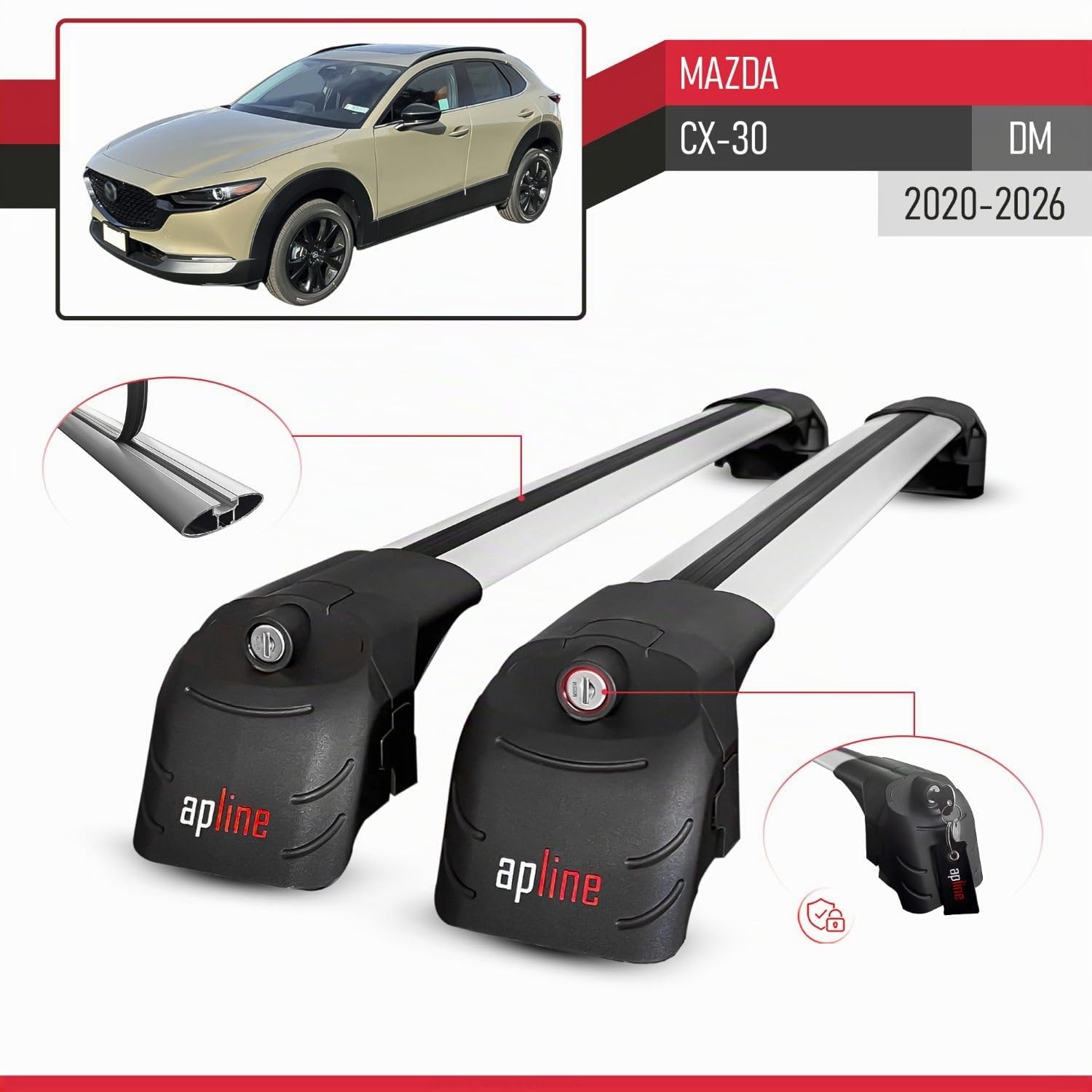 Compatibile con Mazda CX-30 (DM) 2020-2026 Modello ACE-2 Barre Tetto Portapacchi Auto Barre Portatutto Grigio Alluminio 2 Barre