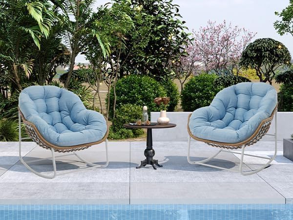 Oversized Outdoor Papasan Rocking Chair Set of 2 with Soft Cushion, Comfy Patio Egg Chair, Wicker Lounge Rocker for Balcony/Porch/Garden, Reinforced All Weather Rattan Frame, Sky Blue