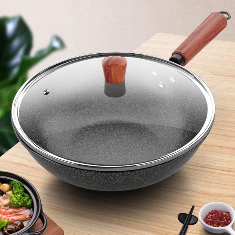 Patelnia Wok z płaskim dnem, 12,6" Szary medyczny kamienny wok, tradycyjna wstępnie sezonowana patelnia z powłoką z granitu i drewnianym uchwytem pomocniczym, do kuchenek indukcyjnych, woków i patel