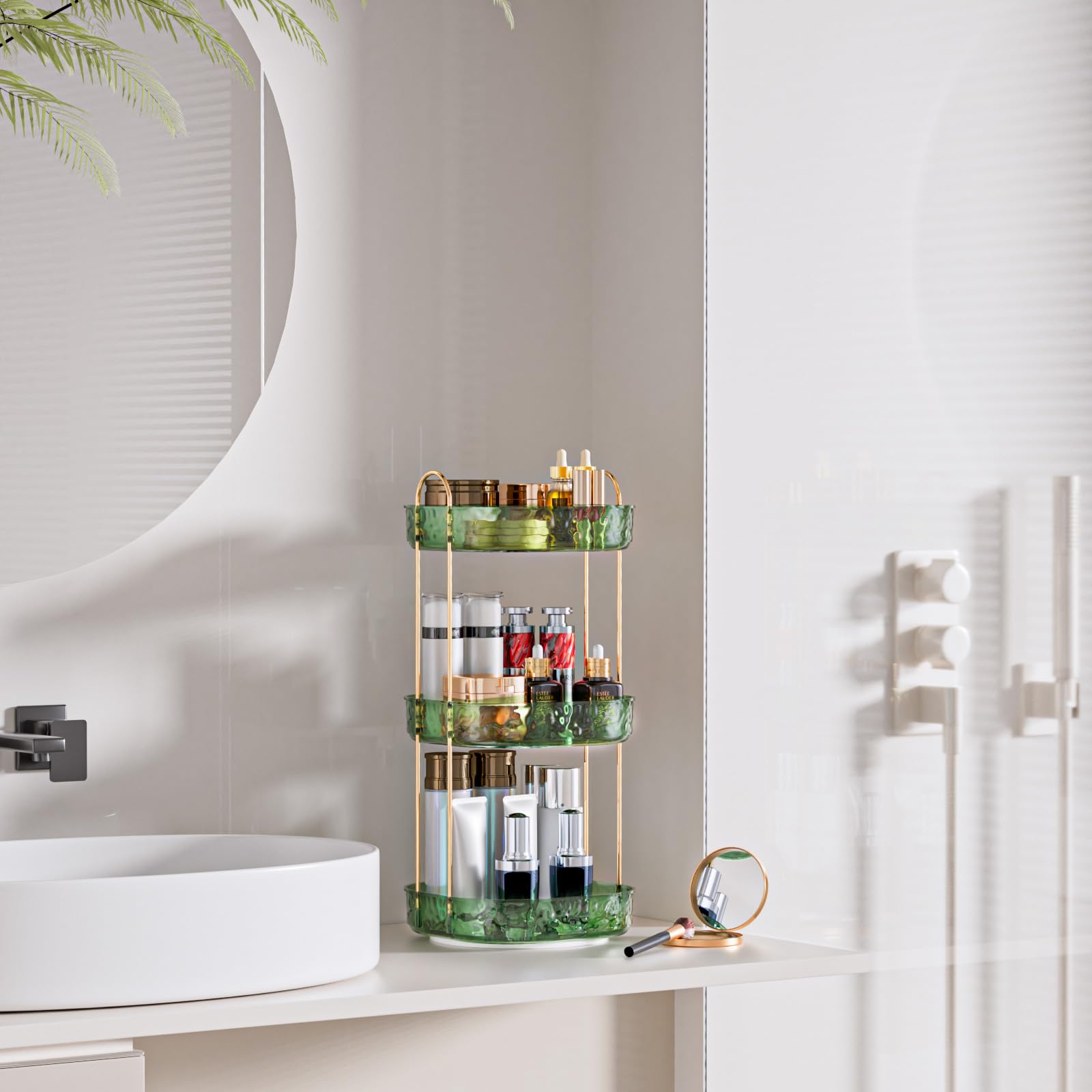 ZHIAI Rotating Makeup Organizer for Vanity, Perfume Organizer Large Bathroom Organizers and Storage, Skincare Organizers Lipstick Toiletry Spinning Holder Countertop 360 Spinning 3 Tier Green