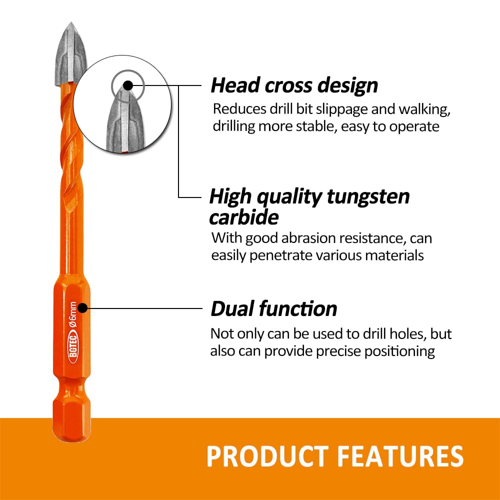 BGTEC Diamond Drill Bits Set Core Drill bit with Quick Change Hex Shank, 10pcs 1/4"" Tile Drill Bit for Ceramic Tile Porcelain Tile Marble Granite, Orange