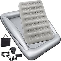 Vista 9 de Cama de viaje inflable para niños Fahuac, juego de colchón de aire para niños pequeños, cama hinchable portátil con barandillas y bomba eléctrica