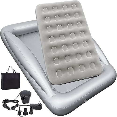 Miniatura 9 de Cama de viaje inflable para niños Fahuac, juego de colchón de aire para niños pequeños, cama hinchable portátil con barandillas y bomba eléctrica