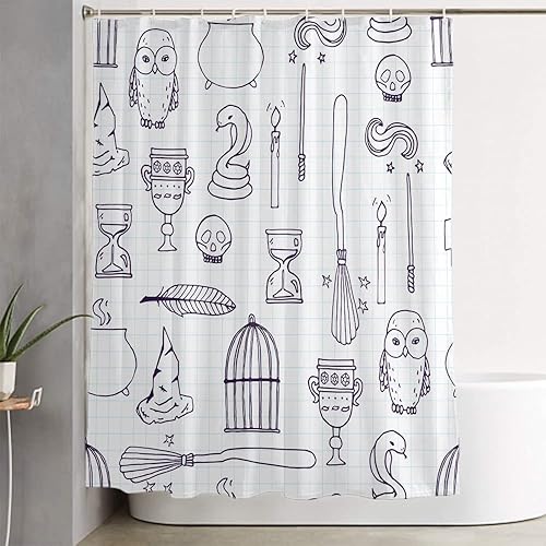 Miniatura 4 de Juego de 4 cortinas de ducha con alfombras antideslizantes, cubierta para tapa de inodoro y tapete de baño, equipo de bruja, diseño de varita,