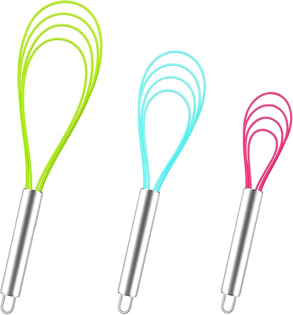 Webake Flat Whisk Silicone Kitchen Egg Sauce Whisk 3 Pcs 8 10 12'' Heat Resistant Mini Whisk for Blending, Whisking, Beating, Stirring