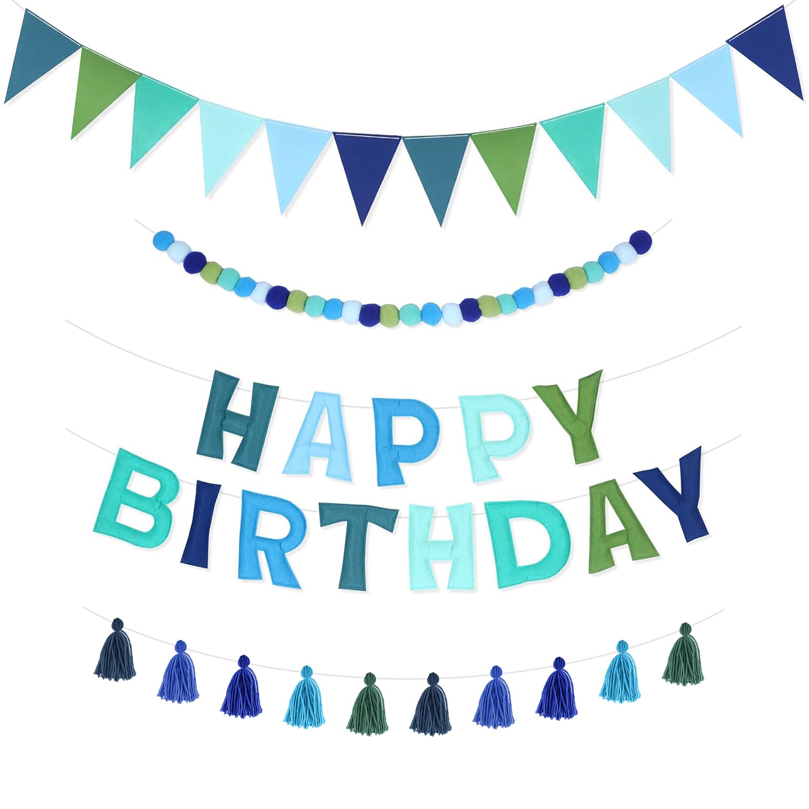 Pre-Strung Happy Birthday 3D Banners, Reusable Felt Ball Garland, Rainbow Happy Birthdays Sign Party Decor, Pennant Flags Decorations for Photo Prop (Blue)