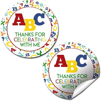 ABC Alphabet Learning Theme 40 Birthday Thank You Sticker Labels 2" Party Circle Stickers, Kids Party Stationery Set, for Preschool Toddler Favors, Seals & Goodie Bags, Made in USA by Amanda Creation