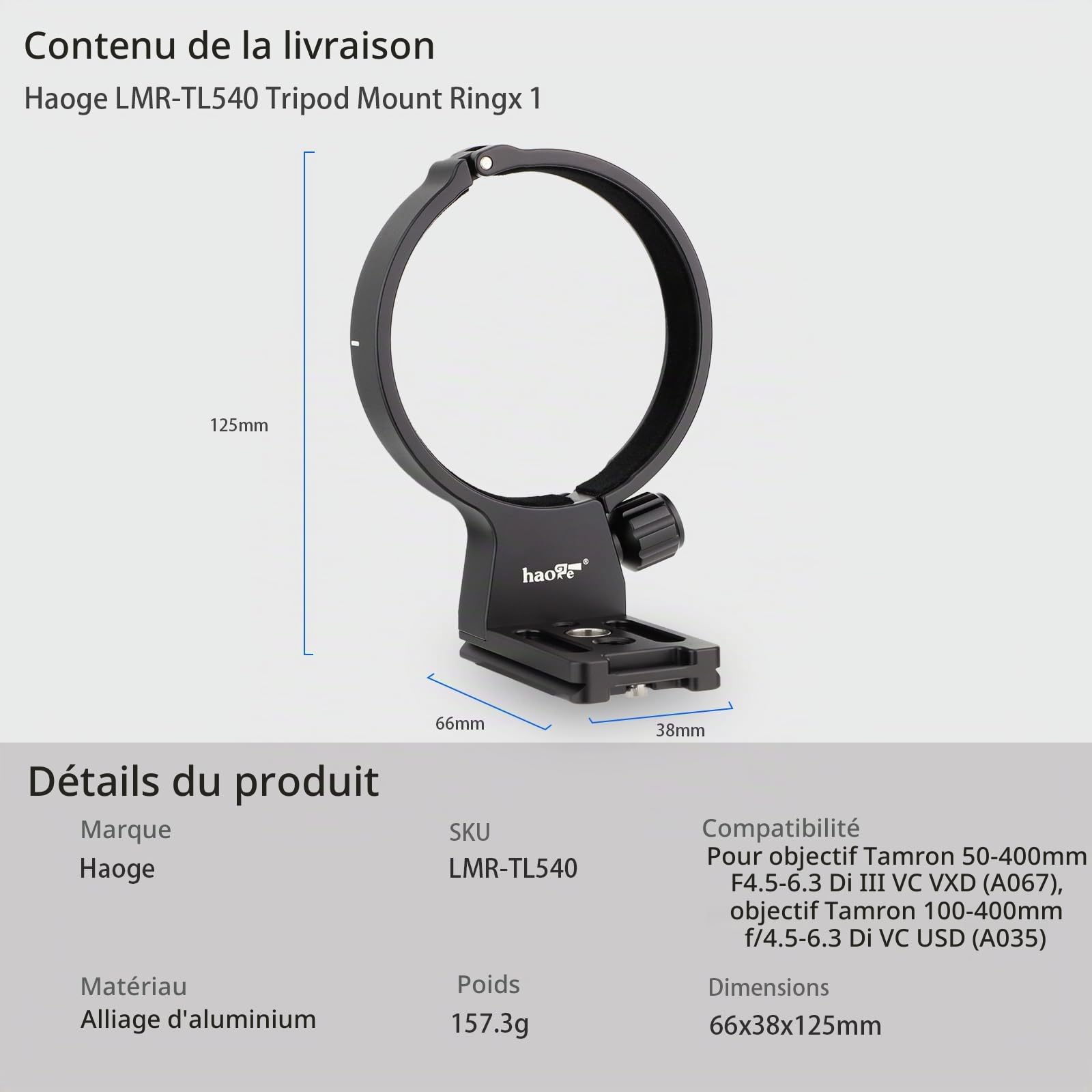 Haoge Collier d'objectif pour objectif Tamron 50-400 mm A067 avec trou QD intégré, plaque de dégagement rapide, bague de montage LMR-TL540
