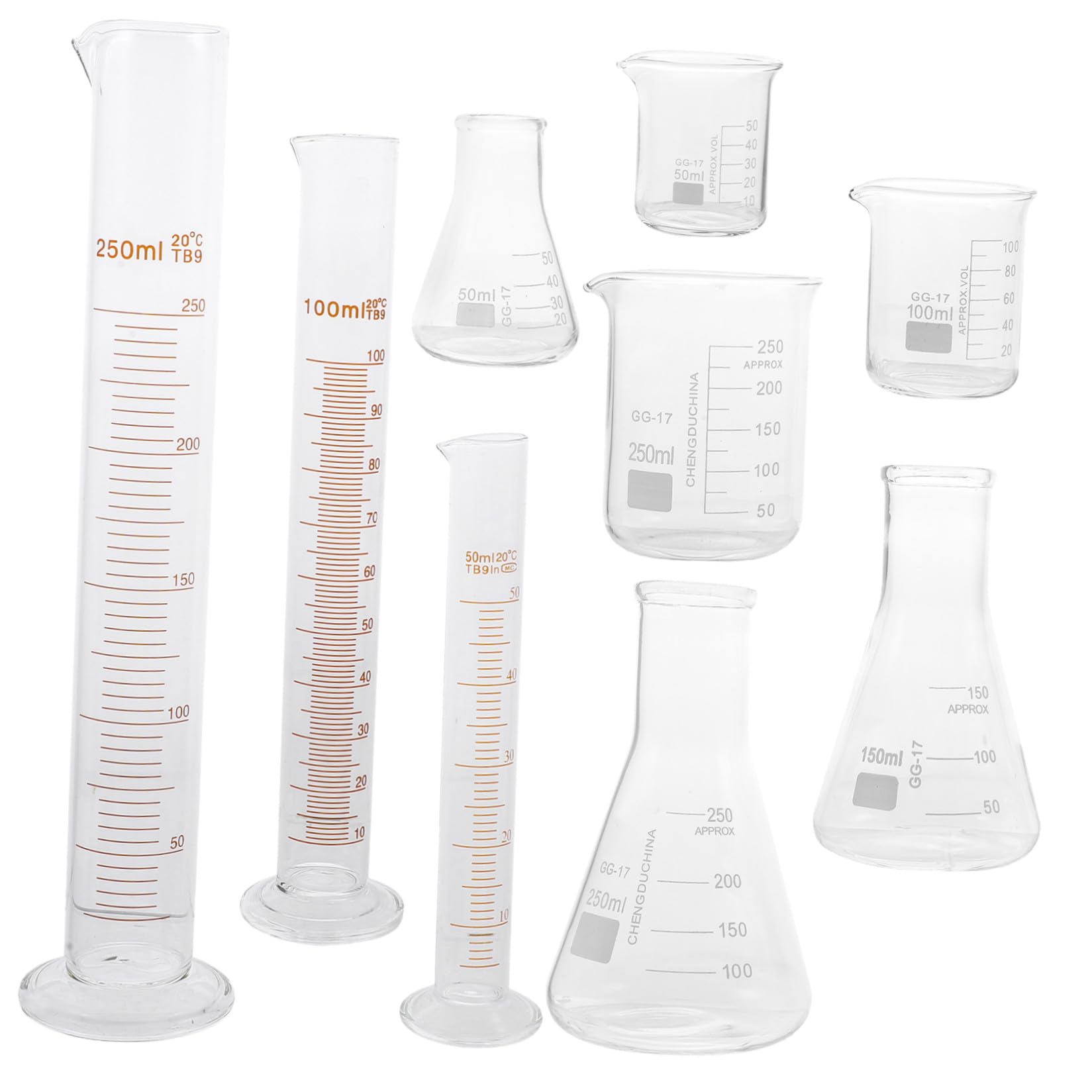 Yardwe Vetreria da Laboratorio Bicchieri Graduati e Cilindri Dosatori Set di 9 Pezzi in Vetro da 50ml a 250ml per Misurazioni Accurate senza Perdita, per Laboratori Scientifici