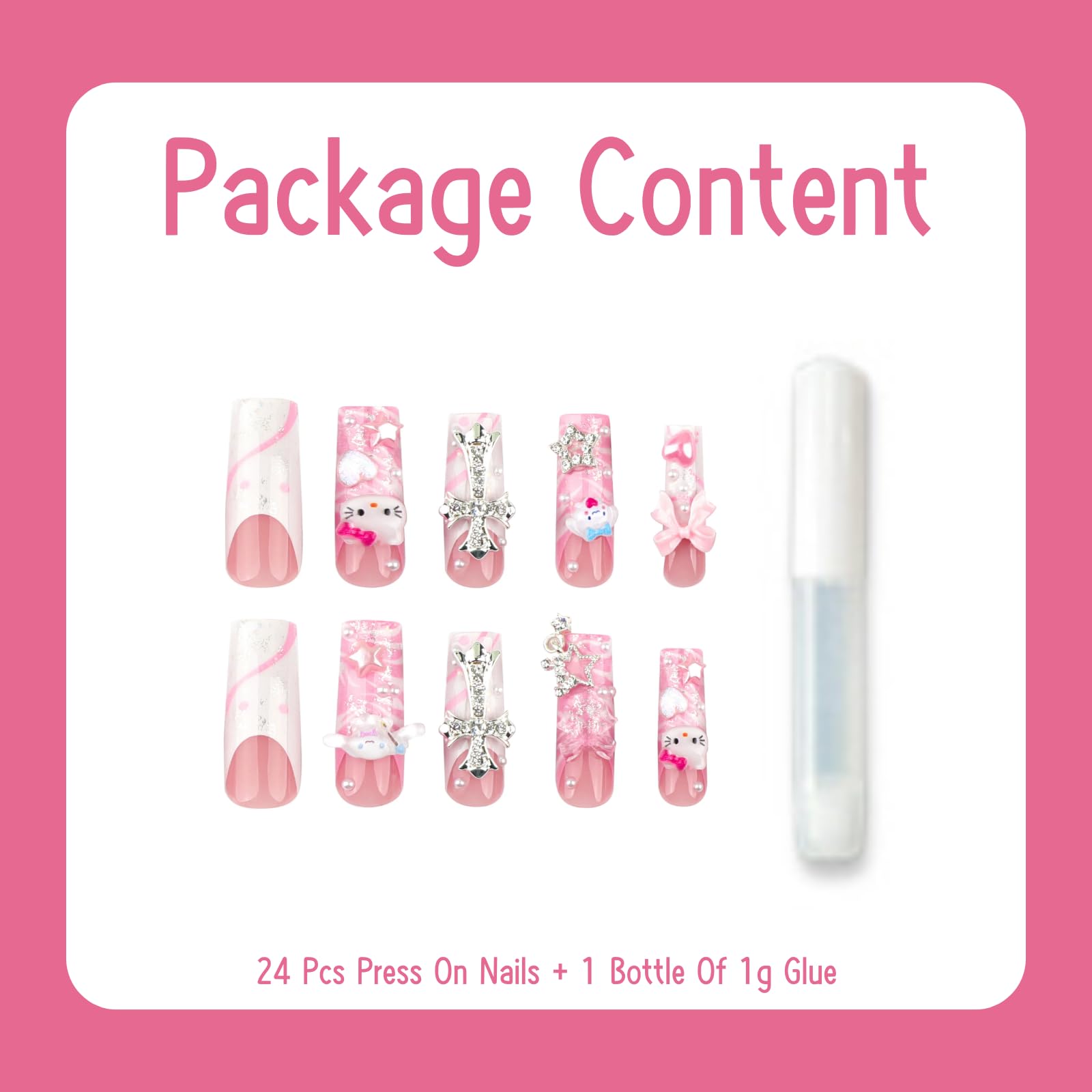 French Press On Nails, Pink Long Coffin False Nails, Cute Kawaii 3D Fake Nails Designs With Cross Kitty Puppy Bow - Image 3