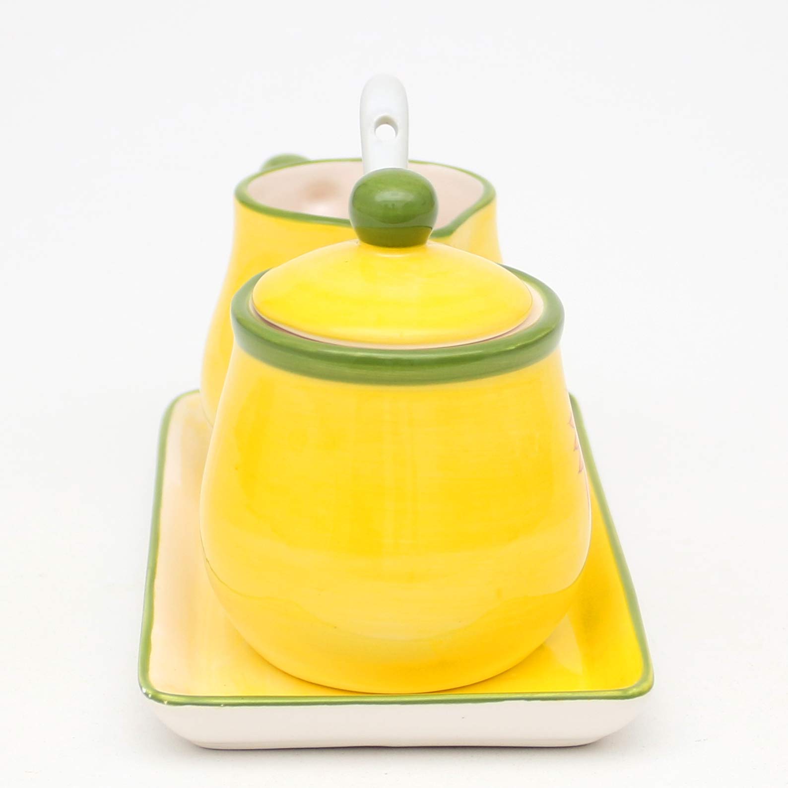 Dekohelden24 Dolomite, zuccheriera con Cucchiaio, bricco per Latte e piattino, Set da 3 Pezzi, Motivo: Girasole in Giallo/Verde, Dimensioni Circa 19 x 10,5 cm, 10