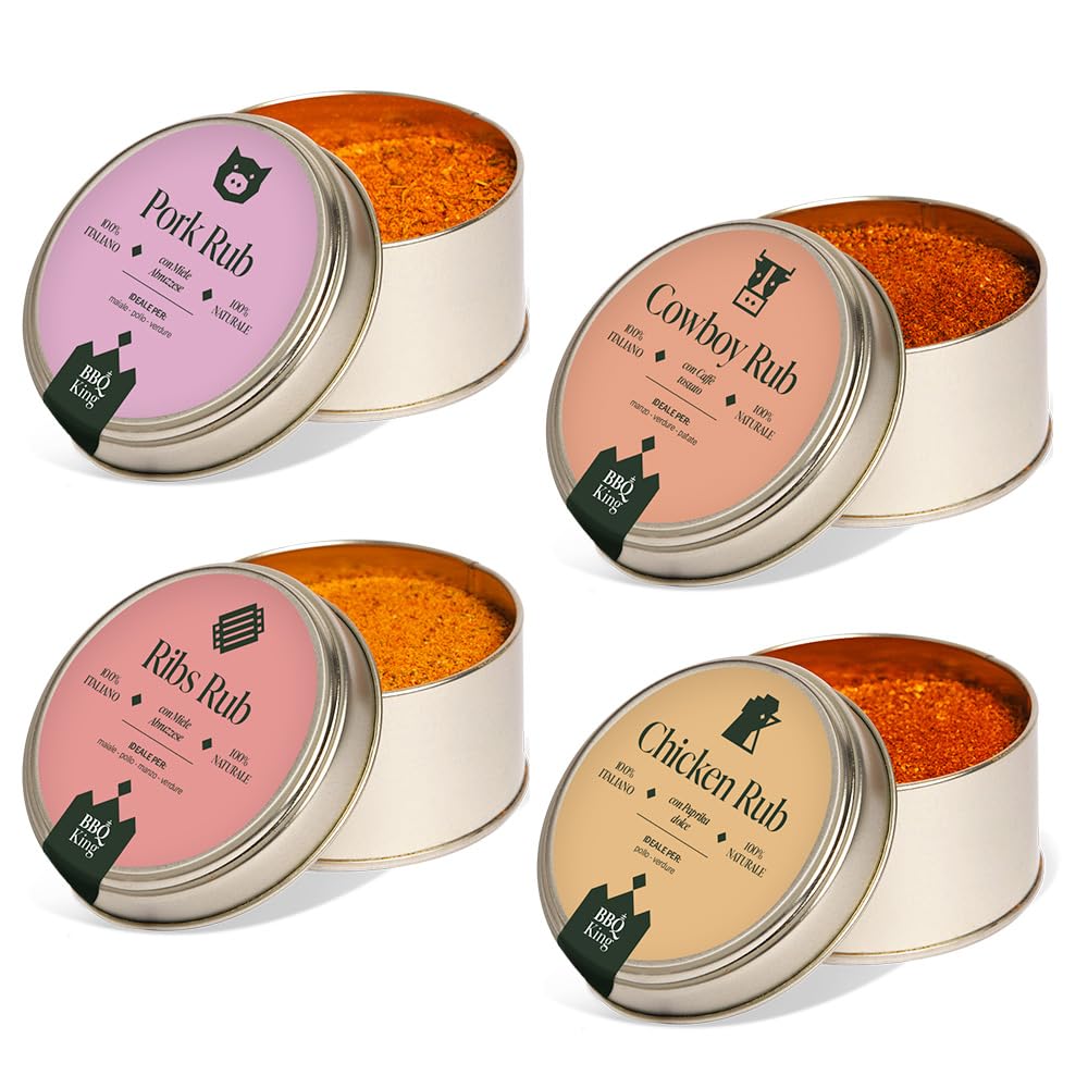 BBQ KING - Multi Pack Pitmaster Rub per Barbecue, 4 Confezioni da 70 Gr di Dry Rub Bbq, Miscela di Spezie 100% Made in Italy, 1 x Chicken Rub, 1 x Pork Rub, 1 x Ribs Rub e 1 x Cowboy Rub