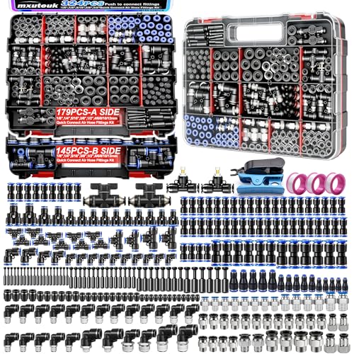 mxuteuk 324PCS Air Line Quick Connect Fittings 1/8 1/4 5/16 3/8 1/2 4/6/8/10mm OD Push to Connect Fittings Quick Connect Air Hose Fitting Quick Release Pneumatic Kit