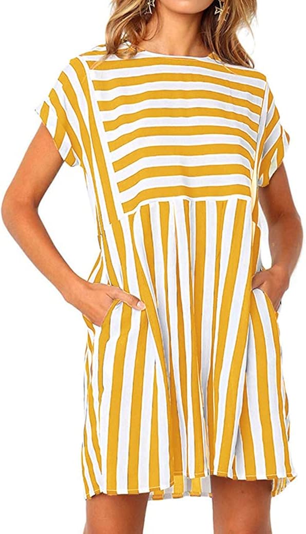 Naggoo Babydoll Dress Summer Casual Striped Flowy Tunic Dress with Pocket Mini Sundresses Yellow XXL
