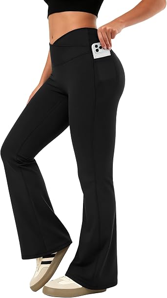 JOCMIC Women Flared Leggings with Pockets High Waisted V Cross Yoga Pants | Soft Elastic Opaque Workout Pants for Gym, Pilates, Running, Daily Wear