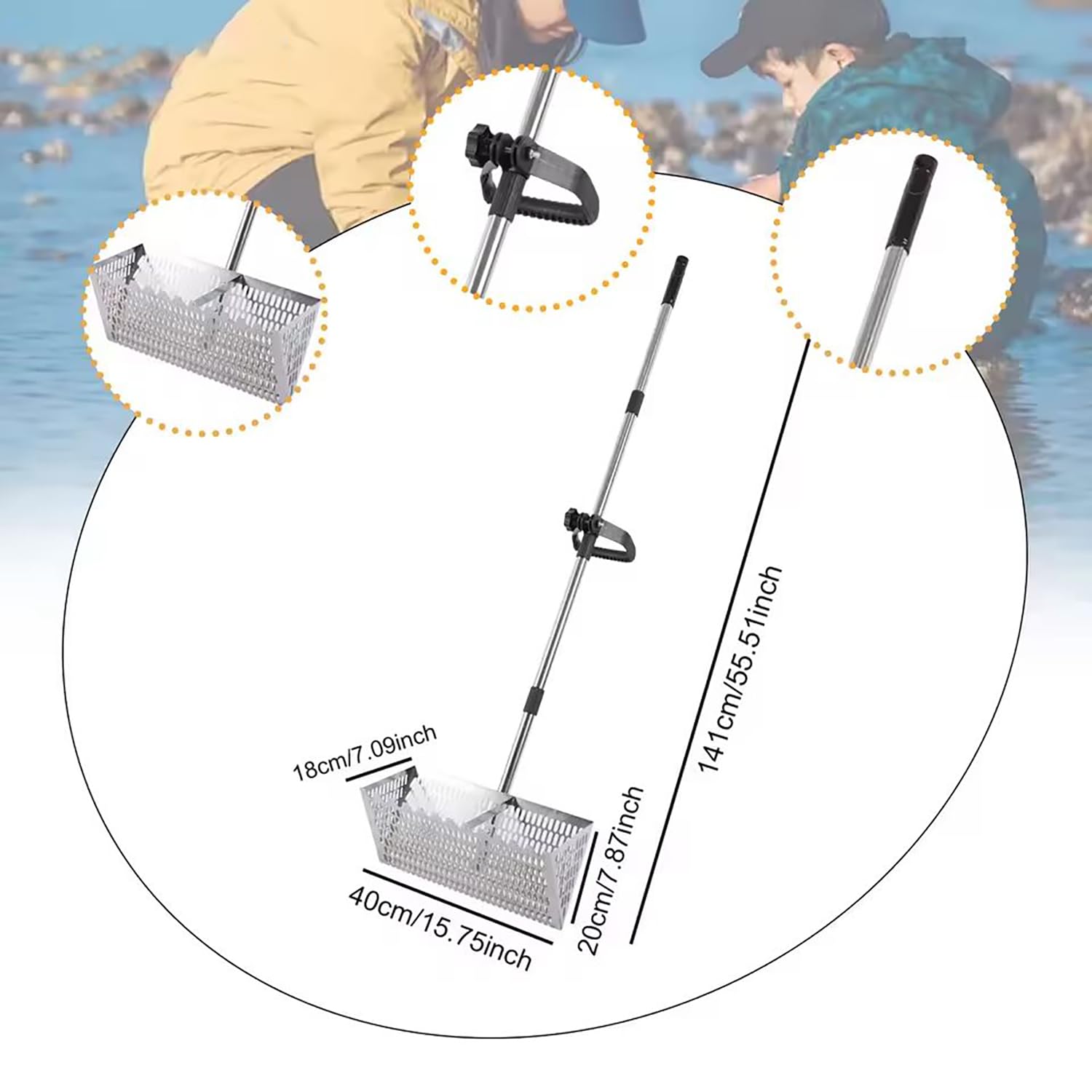 Rastrello per Pulci di Sabbia in Acciaio Inossidabile, Rastrello per telline, Setaccio per Sabbia con Manico Staccabile Lungo 142 cm per Spiaggia e Ricerca d'Oro
