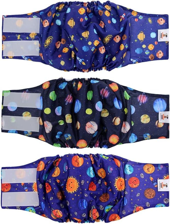 POOCH CARE Reusable Dog Diapers Male Medium (3 Pack), Washable Male Dog Belly Bands Wraps, Planet Mysteries