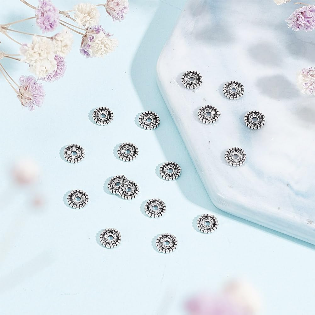 Arricraft 20 Pcs 925 Sterling Silver Daisy Beads, Antique Silver, Round, Loose Beads for Jewelry Making, Spacing in Designs