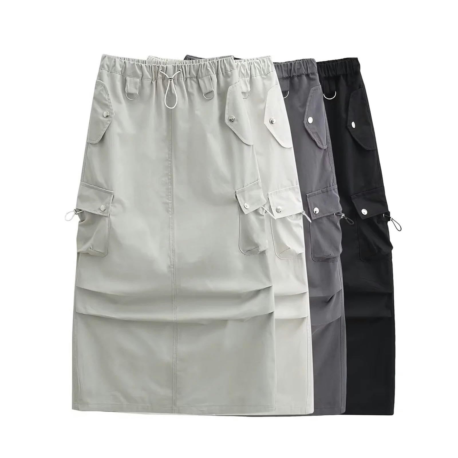 Dolce e Fresco Abbigliamento da Lavoro con Spacco sul Retro Gonna Lunga Estiva Gonna Casual Versatile con Tasche Grandi - Grigio Verde - M