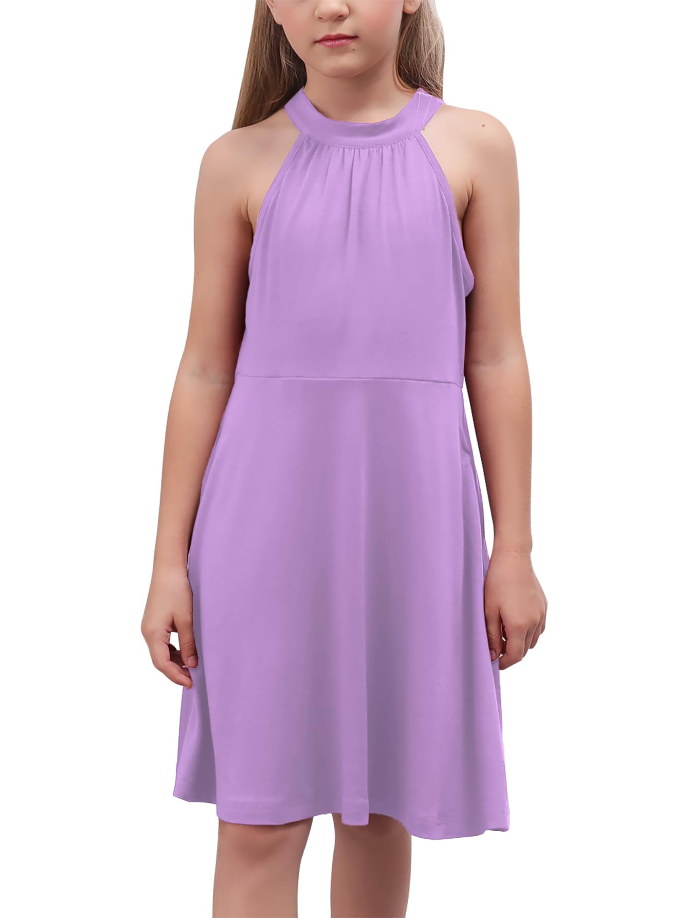 GORLYA Girl's Halter Neck Cold Shoulder Sleeveless Summer Casual Sundress A-line Dress with Pockets for 4-12 Years