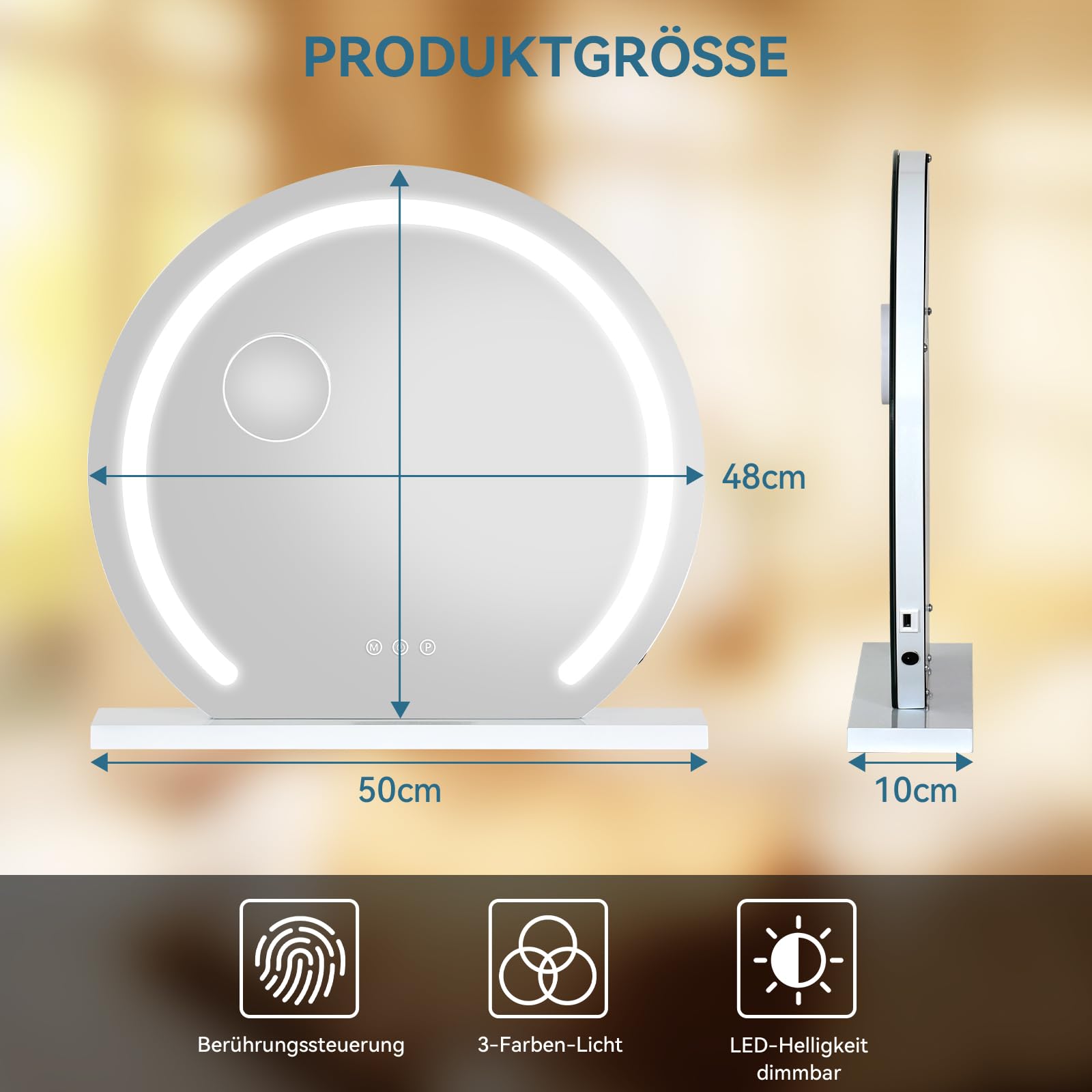 Fullwatt Schminkspiegel mit Beleuchtung, 50 cm Hollywood Spiegel mit LED Licht, 3 Farbtemperatur Licht, Touch Control, Tischplatte oder Wandhalterung für Schlafzimmer Schminktisch