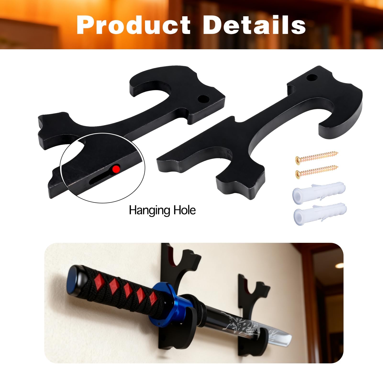 Soporte de Pared para Katana y Espadas Samurai, 2 Niveles Ajustable con Ganchos Acolchados, Exhibidor de Madera Negra