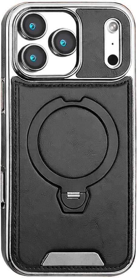 for iPhone 17 Pro Max Case, Magnetic Leather Cover with Camera Slider and 360° Ring Holder. Black