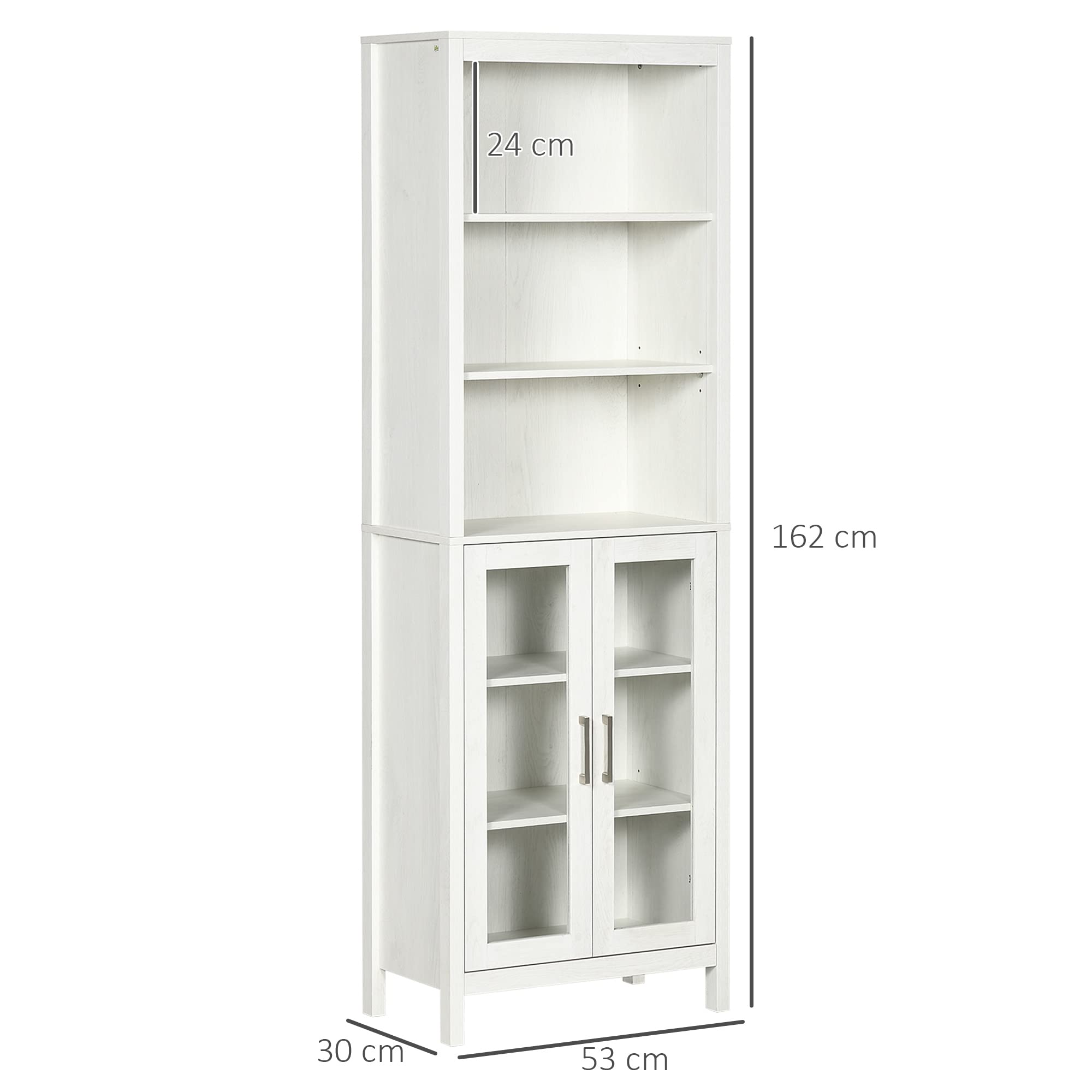 kleankin Armario Alto de Baño con 2 Puertas de Vidrio 53x30x162 cm Blanco | 3 Estantes Abiertos, Columna Auxiliar de Baño, para Salón Aseo Dormitorio, Estilo Moderno
