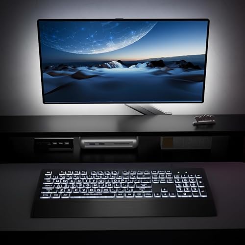 Miniatura 6 de Teclado de impresión grande para personas mayores, teclas negras de alto contraste, retroiluminación blanca con cubierta, USB 104 con cable, tamaño