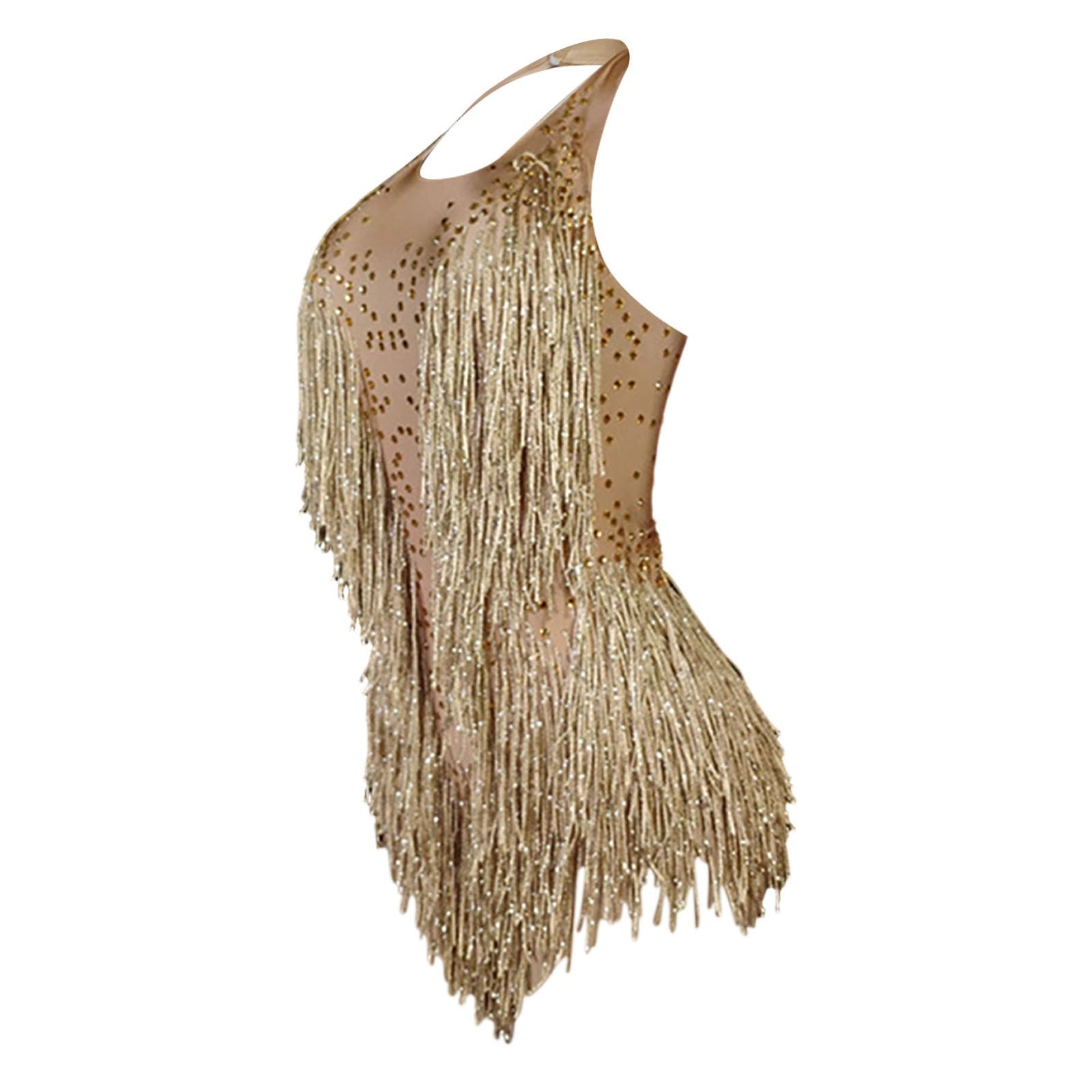 Robe pour femme-Combinaison élégante sans manches à franges et strass épaules dénudées idéale pour la danse et les soirées avec de ravissants détails perlés pour femme parfaite pour usage quotidien e