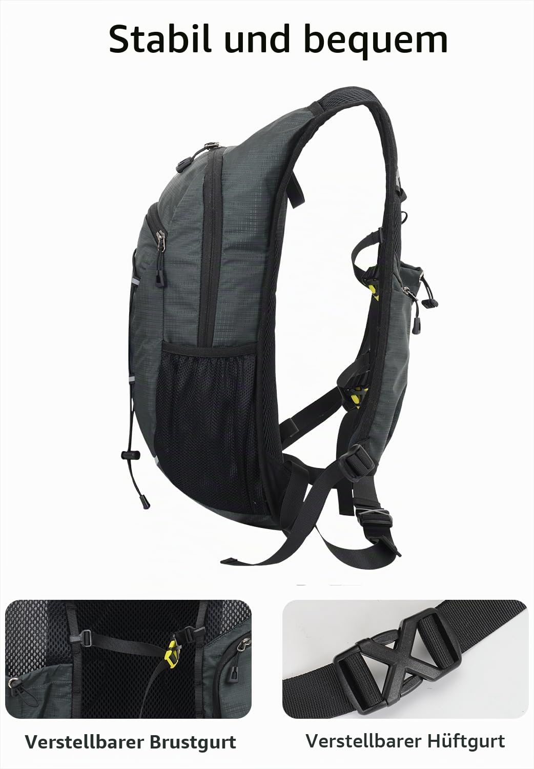 buffup Leichter Wanderrucksack 15L, Fahrradrucksack klein, Trinkrucksack, geeignet für Speedhiking, MTB, Skifahren Outdoor-Sportarten. (Schwarz) (Grau) Sport & Freizeit