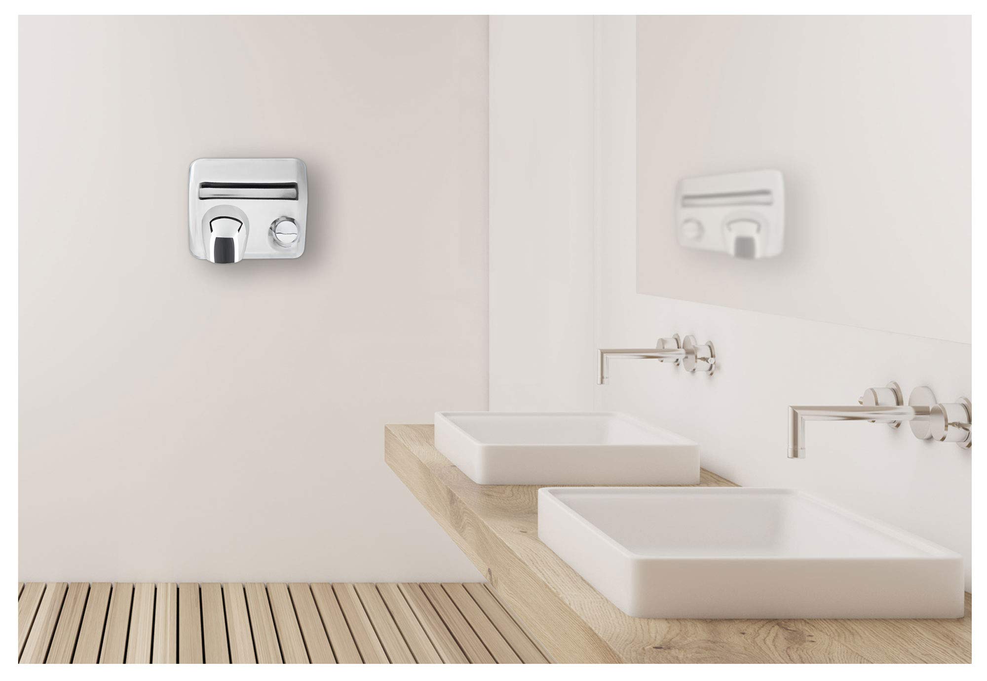 Stagecaptain HD-55 Dryboy Sèche-Mains Mural - Sèche-Mains avec Bouton-Poussoir - Puissance : 2300 Watts - Construction métallique Robuste - Facile à Installer - Gabarit de perçage Inclus - Argenté